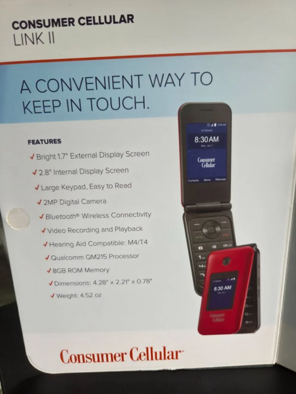 Consumer Cellular Link II Flip Phone Red 8GB Charges and Powers On